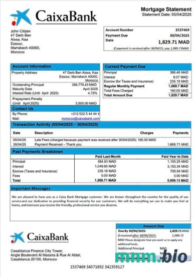 Maroko Caixa Bank wyciąg z kredytu hipotecznego szablon Word i PDF